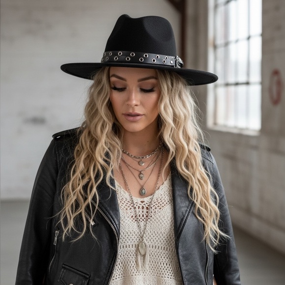 None Accessories - NWT Boho Gypsy Vibes Black Wide Flat Brimmed Fedora Ranchers Hat With Black Belt